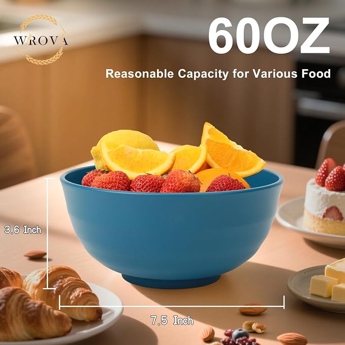 Big Salad Bowls for Kitchen, Premium 60oz Wheat Straw Bowls Set of 6, - Image 2