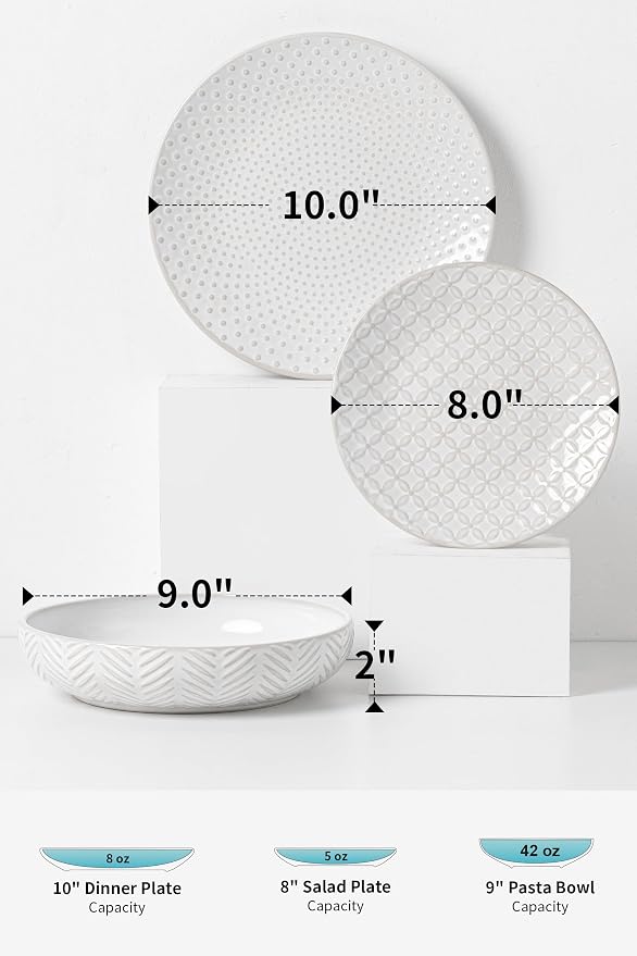 FOBENTA 18-Piece Embossed Ceramic Dinnerware Set–6 Dinner Plates, 6 Salad Plates - Image 2
