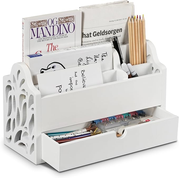 Desk Organizer with Drawer Wood File Office Mail Organizer Countertop | 5 Slot by Dhmkfly