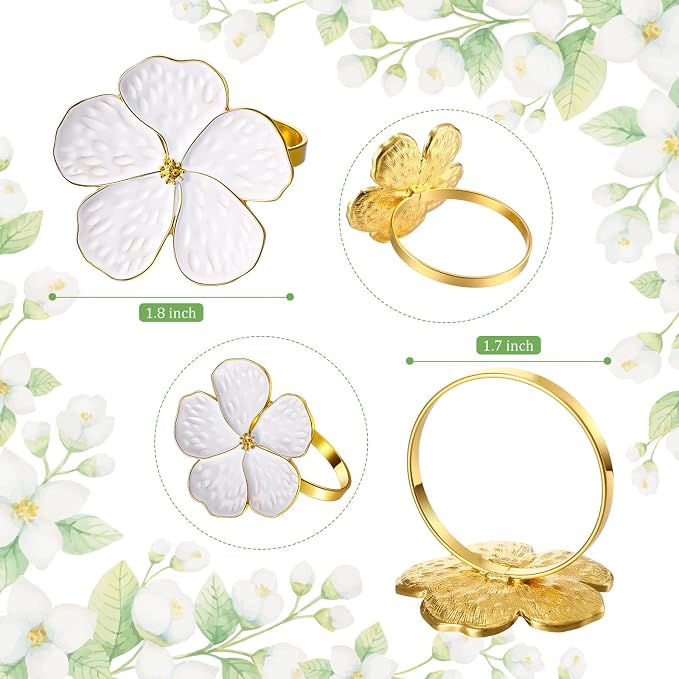 Patelai Set of 6 White Flower Napkin Rings Bulk Gold Napkin Ring Holders | - Image 3