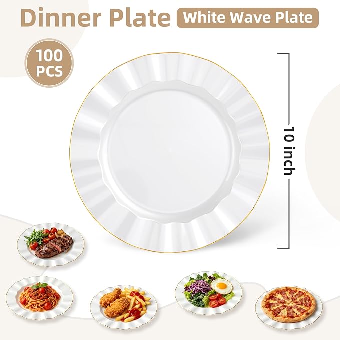 100PCS White Plastic Plates 10 Inch, Wavy Plates - Image 2