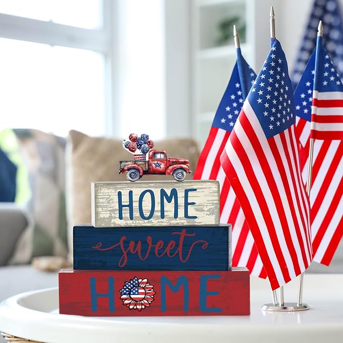 Cinnvoice 4 Pcs Patriotic 4th of July Wooden Block Decor 250th Anniversary Red - Image 6