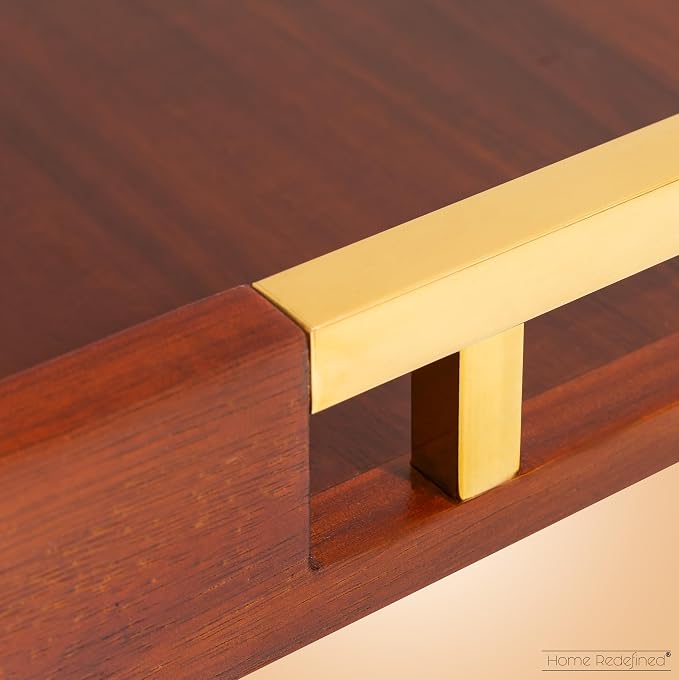Acacia Wood Serving Tray with Polished Gold Stainless Steel Metal Handles - Image 6