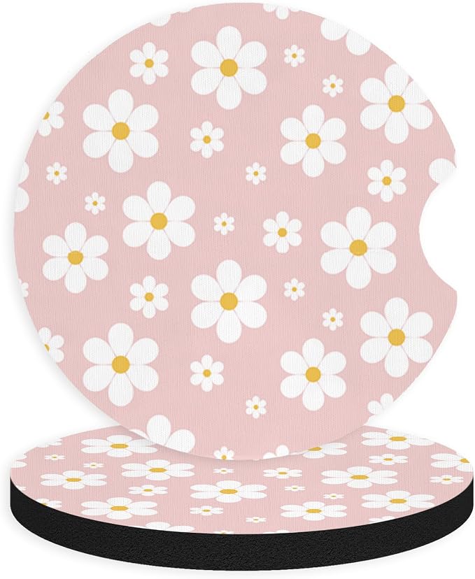 2pcs Cute White Flowers Car Coasters, Absorbent Universal neoprener Cup Holder by Unknown