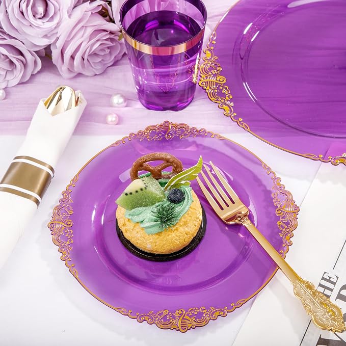 210 Pcs Purple Gold Plates for Party | Purple Party Plates Set for 30 Guests - Image 7