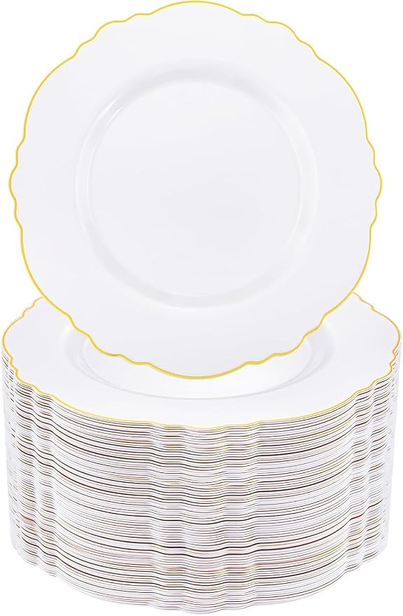 60pcs Gold Plastic Dinner Plates -10.25inch Baroque White and Gold Plates Fancy by WDF
