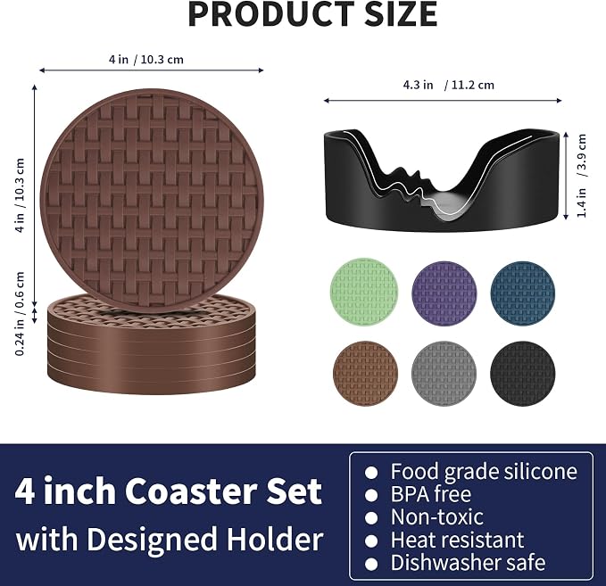 Brown Silicone Coaster with Holder Set of 6, 4 Inch Non-Slip Cup Mats | Round - Image 2