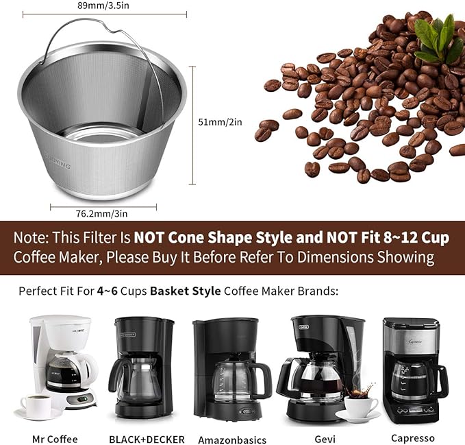 Reusable Stainless Steel Basket Coffee Filters, Fits Mr Coffee 4~5 Cup | 304 - Image 5