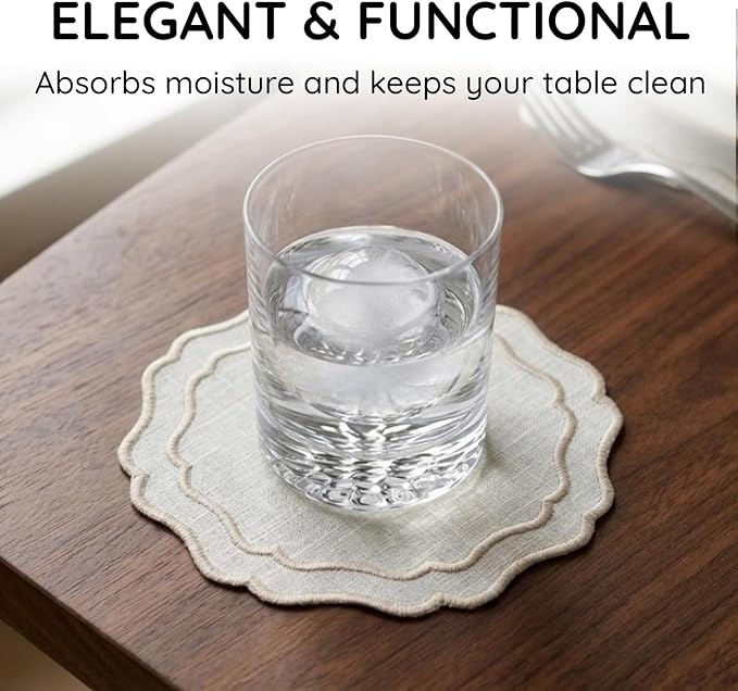 Linen Drink Coasters, 4.5 inch, Scalloped Edge, Reusable Handmade Coffee - Image 5