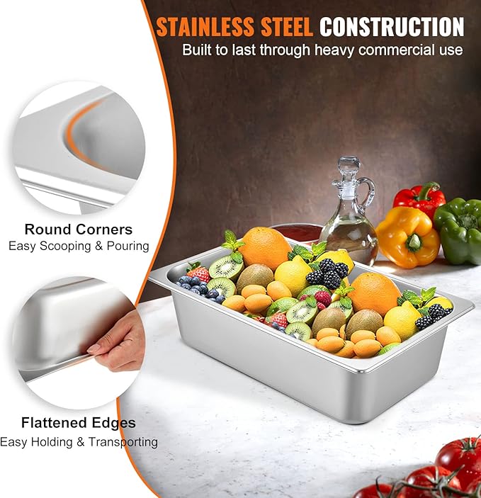 VEVOR 6 Pack Hotel Pans, Full Size 6-Inch, Stainless Steel Steam Table - Image 3