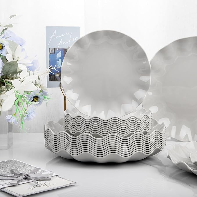 LIYH 24 Pcs Plastic Grey Scalloped Plates Reusable, Unbreakable Dinner Plate - Image 8