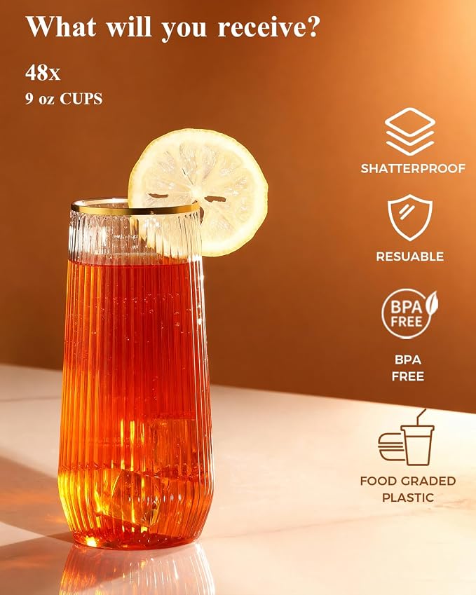 BESTSTAR 96 Pack Gold Rim Plastic Ribbed Origami Ripple Plastic Glasses Set | - Image 5