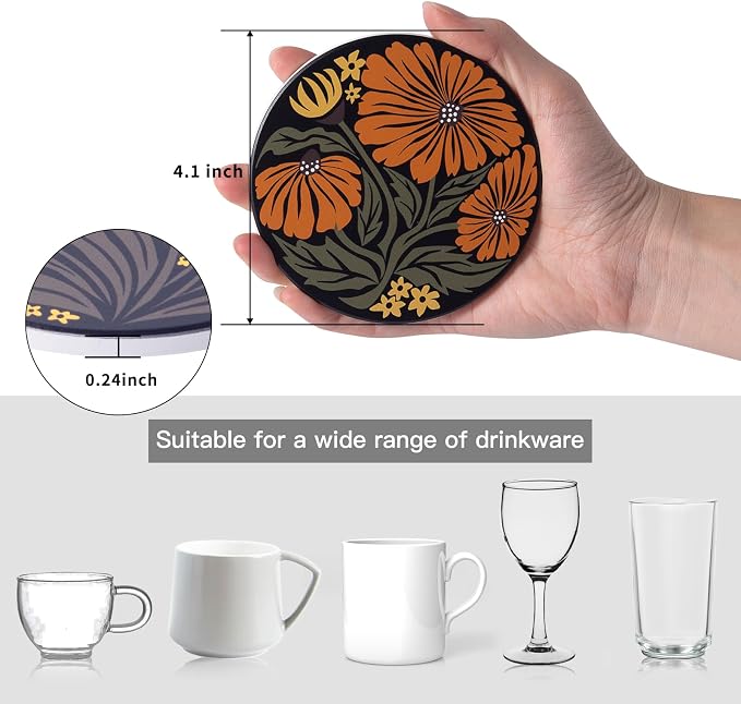 Ceramic Coasters Absorbent Non Slip 6pcs 4 Inch Artistic Flower | Drink Coaster - Image 3