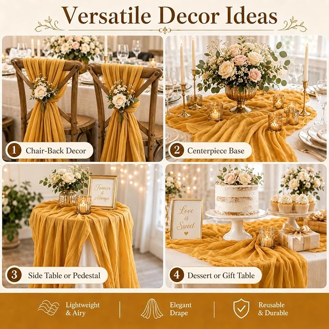 10 Pack Gold Cheesecloth Table Runner 22 x 120 Inch Boho Gauze Table Runner | - Image 6