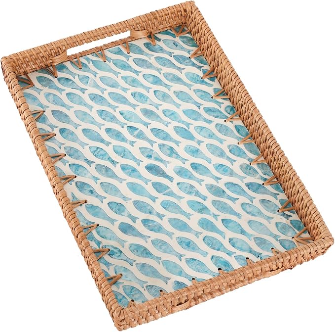 Rectangle Rattan Tray with Mother of Pearl Inlay, Rattan Serving Tray with by Tynulox