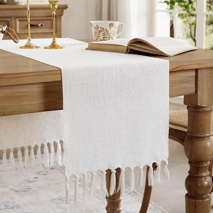 Cotton Linen Table Runner, 13x36 Inch, Off White by Aoztio