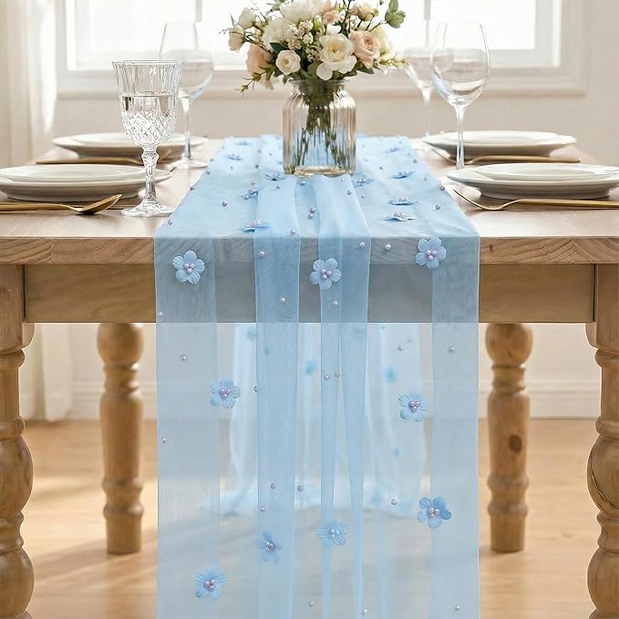 Artoid Mode Blue Flower Pearl Blue Gauze Table Runner 10FT, Seasonal Sheer - Image 2