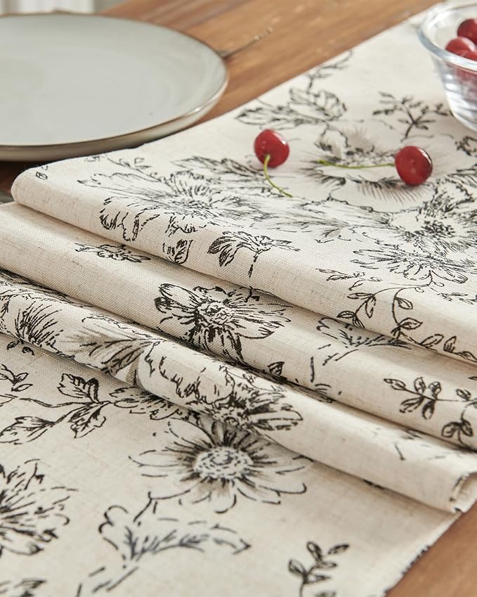 jinchan Black Floral Linen Table Runner 13 x 90 Inch Farmhouse | Long floral - Image 6