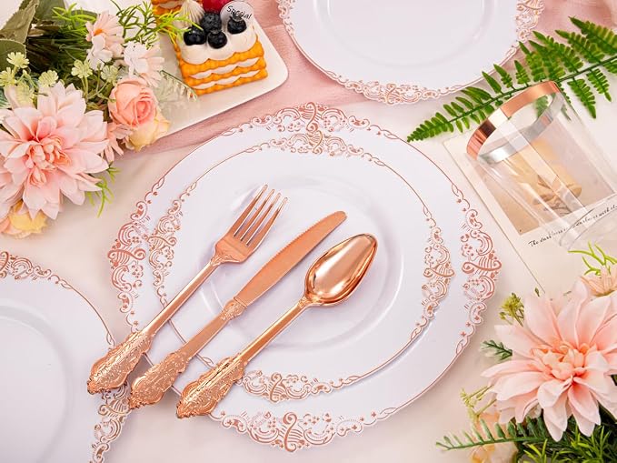 Morejoy 175PCS Rose Gold Plastic Plates & Disposable Dinnerware Sets | Inculdes - Image 8
