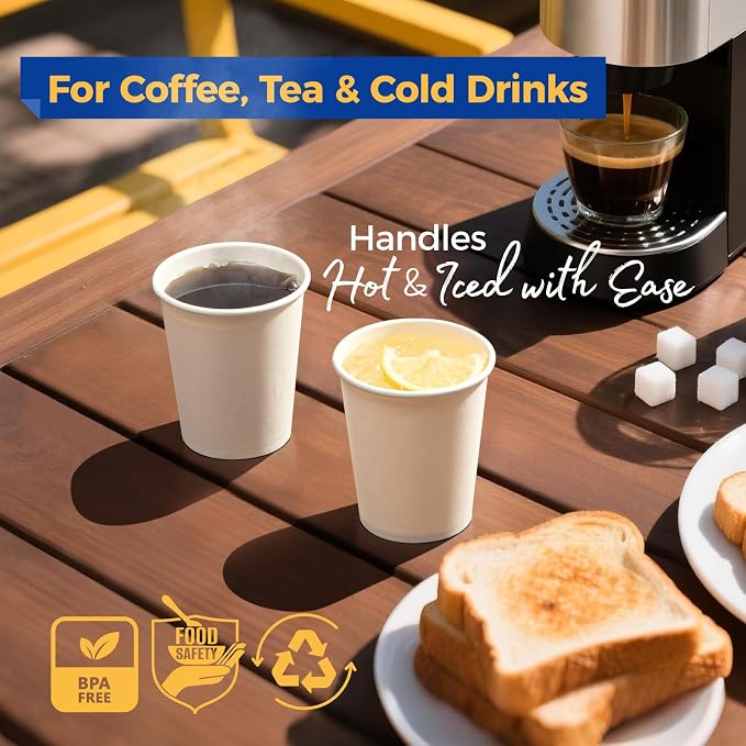 Fit Meal Prep 100 Pack 8 oz Disposable Paper Coffee Cups, Premium White Hot Cups - Image 4