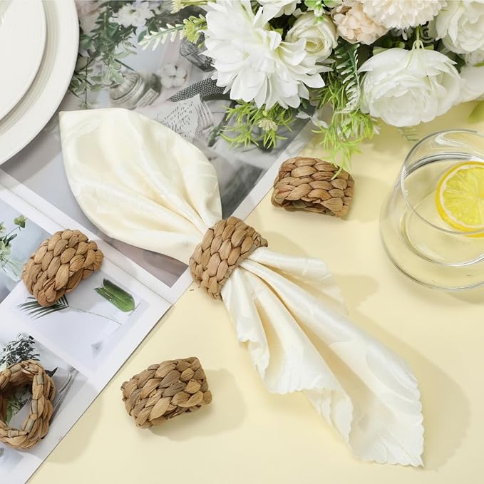 LemonRoad 50 Pcs Napkin Rings, Wood Color Woven | Water Hyacinth, Farmhouse - Image 4