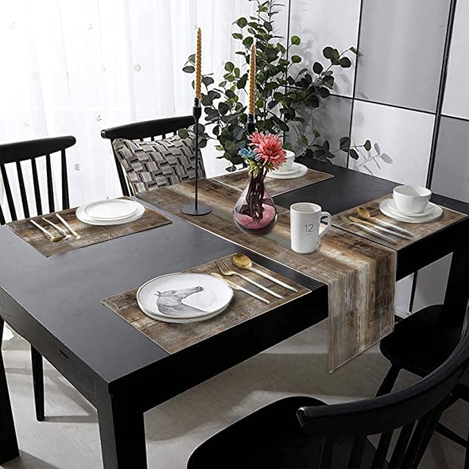 Dark Brown and Grey Rustic Table Runner and Place Mats Set of 6 70in | Abstract - Image 3