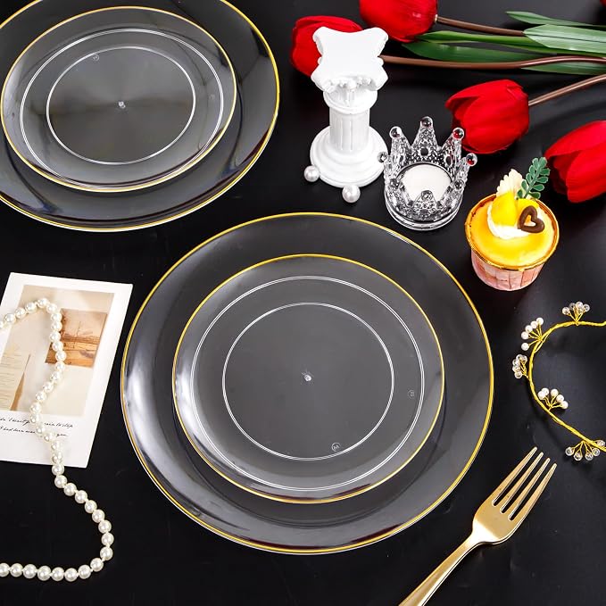 PULOTE 100PCS Clear and Gold Plastic Plates - Image 5