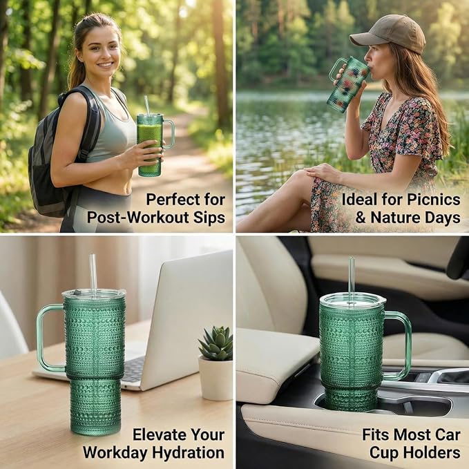 20 oz Green Glass Tumbler with Lid and Straw, Glass Iced Coffee Cups, - Image 5
