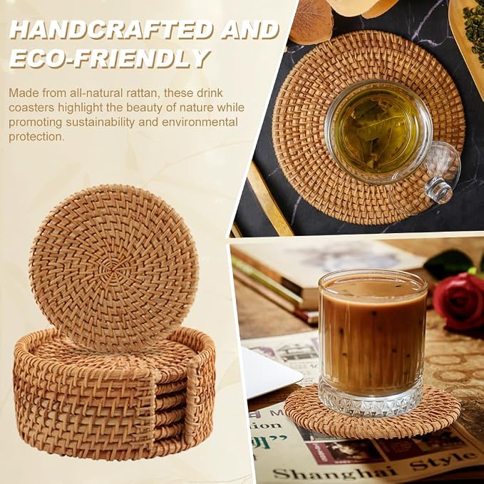 Rattan Coasters Set of 6 with Holder, 3.94 Inch Handwoven Coasters | Natural - Image 5