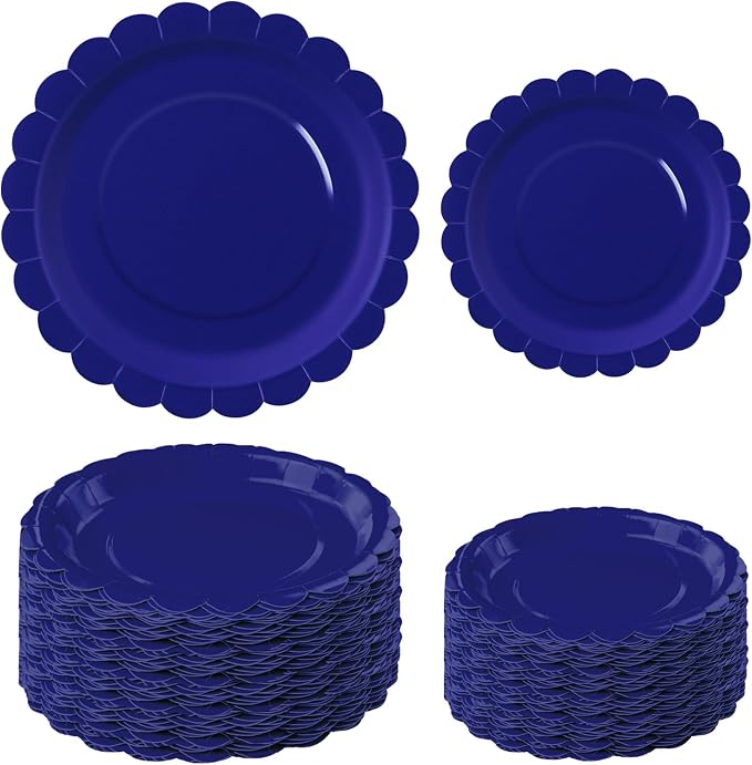 50 Pcs Blue Scalloped Paper Plates 25 × 7'' and 25 × 9'' Disposable Blue by FALIZIFU