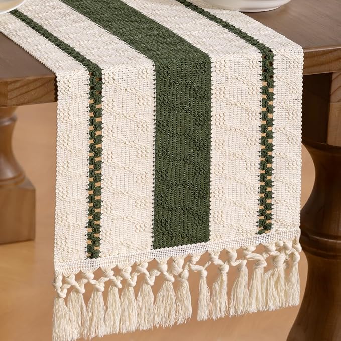 MLMW Boho Table Runner 40 inches Olive Green&Ivory Small Coffee Table Runner - Image 2