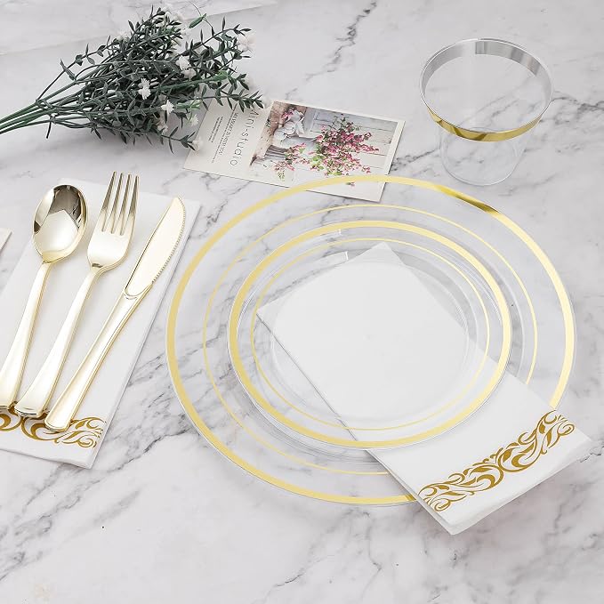 BESTVIP 350 PCS Clear Gold Plastic Plates and Silverware Set Disposable | Gold - Image 2