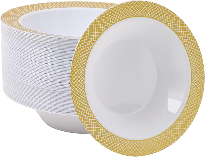 Plastic Bowls with Gold Grid Rim Disposable 12oz Bolws 50Pack | Disposable by JOLLYCHEF