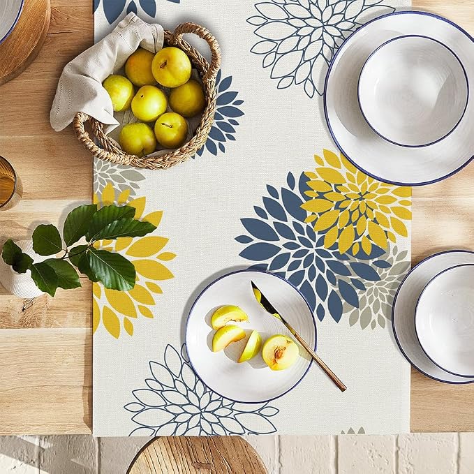 Blue Yellow Gray Table Runner Dahlia Pinnata Flower Beige Table Runners Modern - Image 6