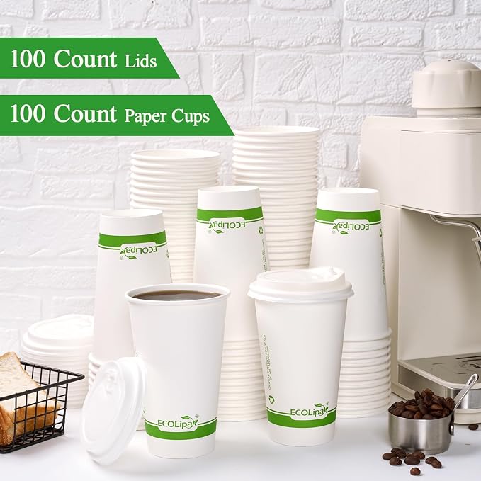 ECOLipak 100 Count 16 oz Compostable Paper Coffee Cups - Image 4
