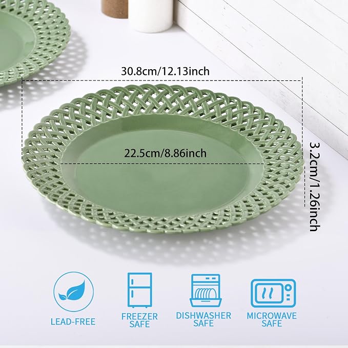 Graceful Basketweave Wide Rim 12 inch Dinner Plates, Extra Large Round Platter - Image 3