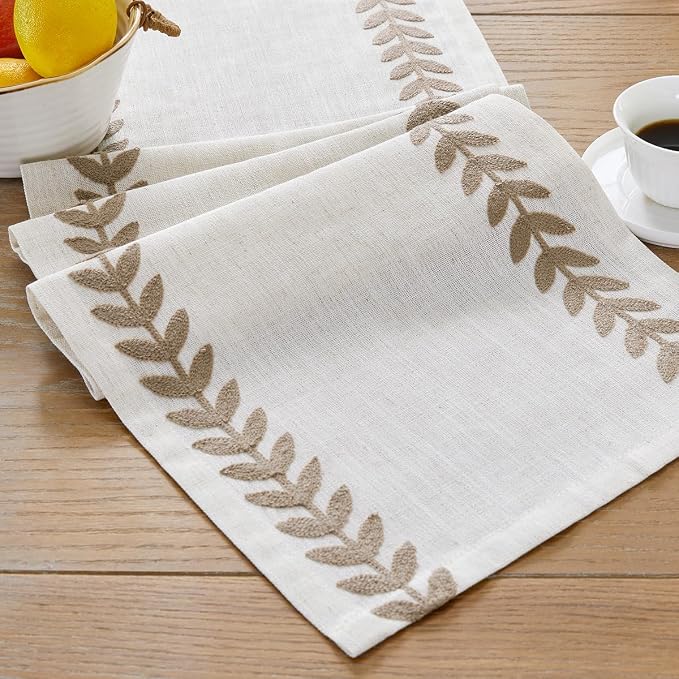 Linen Embroidered Table Runner, Taupe Table Runners 60 Inches Long | Linen by Aoztio