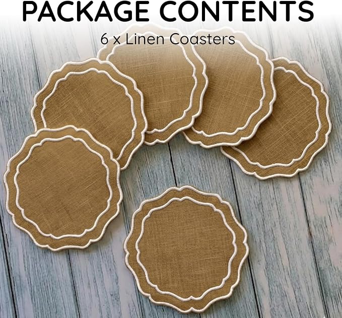 Drink Coasters Set of 6, 6x6 inch, Absorbent Linen Drink Mats - Image 2