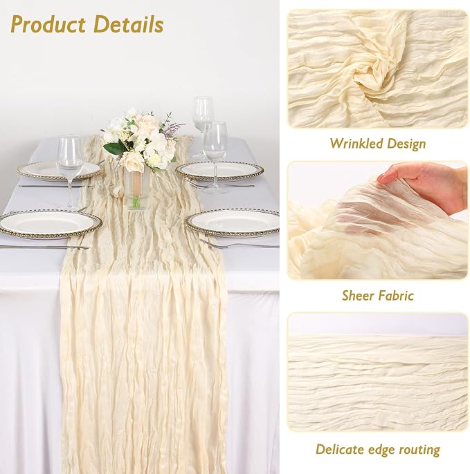 1 Pack Ivory Cream Cheesecloth Table Runner 120 Inch Boho Wedding Decor | - Image 3