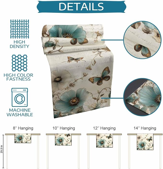 Turquoise Tulip Table Runners 72 Inches Long, Spring Vintage Botanical Table - Image 8