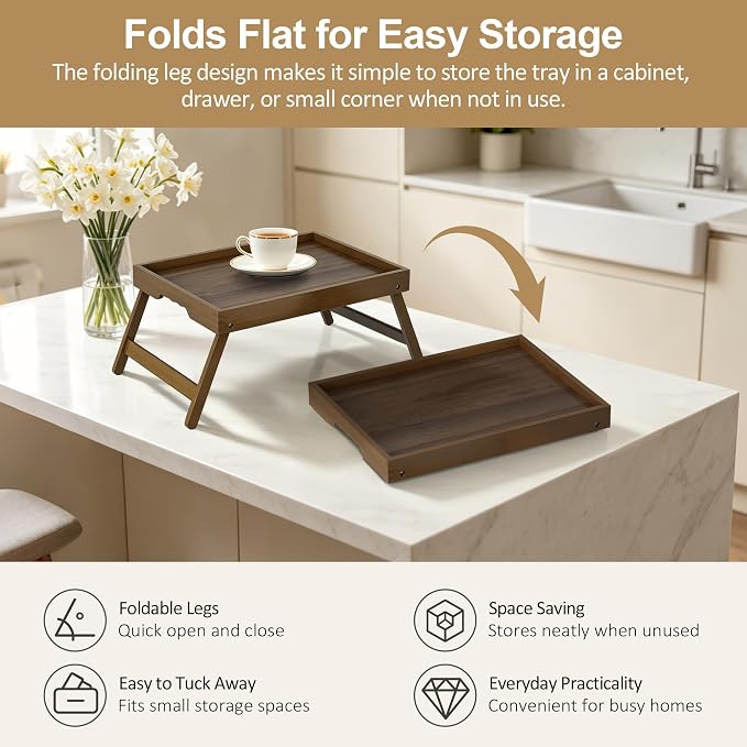 Bamboo Breakfast Trays with Folding Legs, Walnut | Set of 2 bamboo bed trays - Image 4