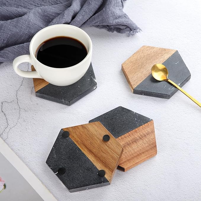 WLWNWFT Wood Black Marble Coasters - Image 2