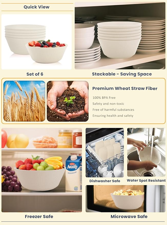 Large Deep Bowls 36 OZ, Wheat Straw Soup Bowls Set of 6, Plastic Bowls - Image 5