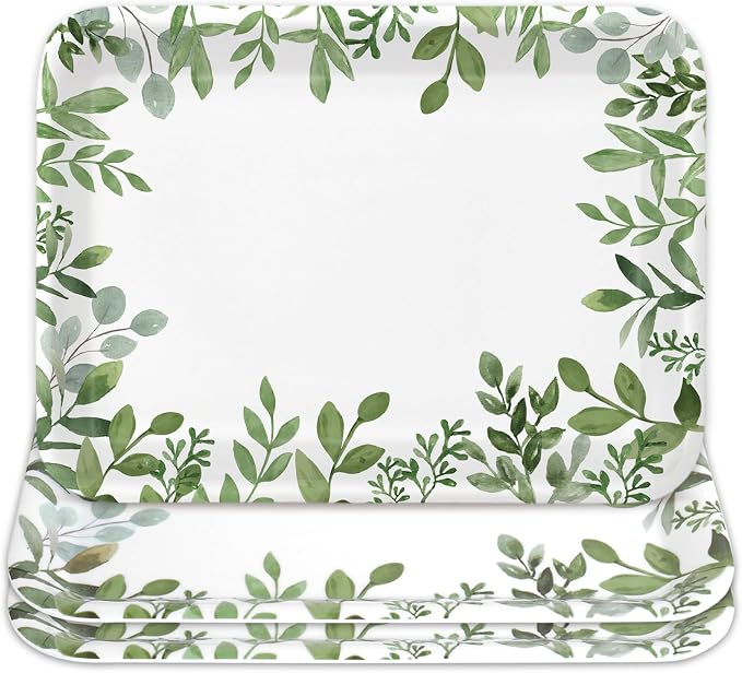 Whaline 3Pcs Greenery Serving Trays Reusable Melamine Platters Green Leaves by Whaline