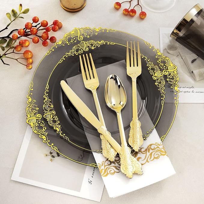 Nervure 175Pcs Black Plastic Plates, Plastic Dinnerware Set - Image 5