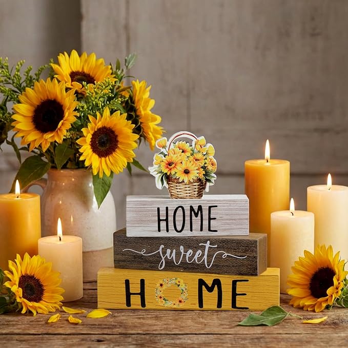 Cinnvoice 4 Pcs Farmhouse Wooden Tabletop Decor Yellow Sunflower Summer Rustic - Image 2
