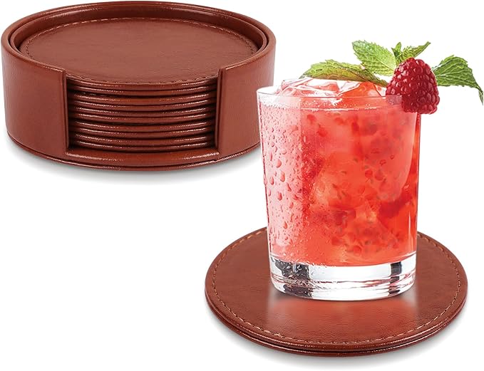 Leather Coasters Set of 6 with Holder, Tabletop Protection, Coffee Table & Bar by Unknown