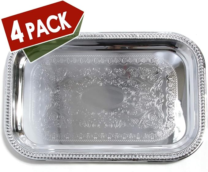 Elegant Floral Engraved Serving Tray Chrome Plated Steel Plate Platter - Image 3