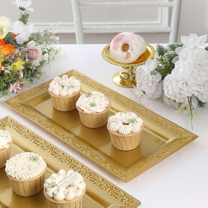 Efavormart 4 Pack | 14" Gold Lace Print Rectangular Plastic Serving Trays - Image 8