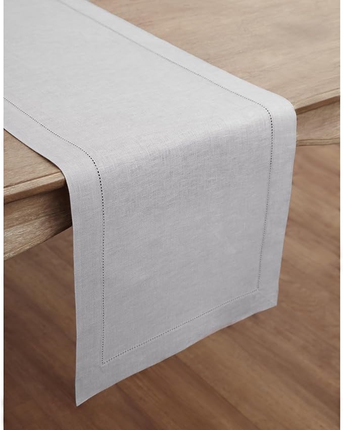Solino Home 100% Pure Linen Table Runner Grey, Classic Hemstitch 14 x 72 in | - Image 2